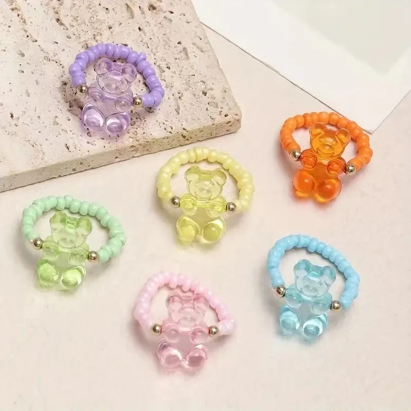 6pcs set wholesale bear ring adjustable size beaded candy jelly color transparent clear animal shape girl women ring