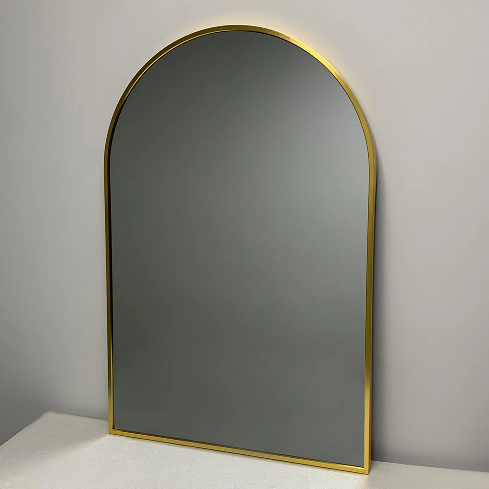 Custom gold aluminum framed design arch bathroom home wall decor luxury makeup salon dressing hanging unbreakable mirror miroir