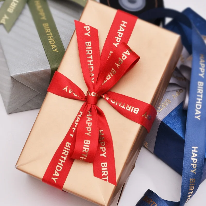  RIBEST Personalised Gilding Custom Polyester Cotton Ribbon With Logo Printed Happy Birthday For Gift
