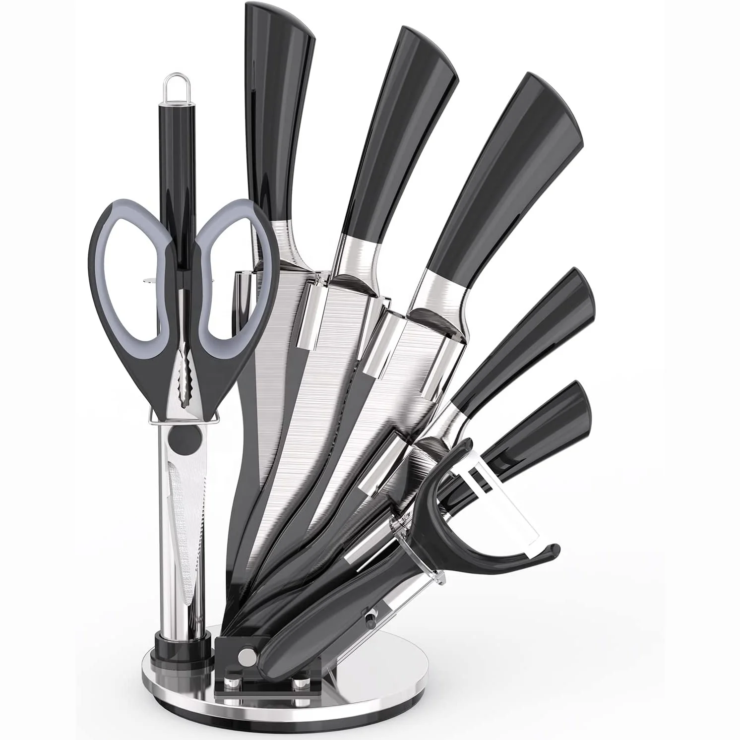 Stainless Steel Hollow Handle Self Sharpening Kitchen Knife Set with Finger Protection&Acrylic Stand-Best