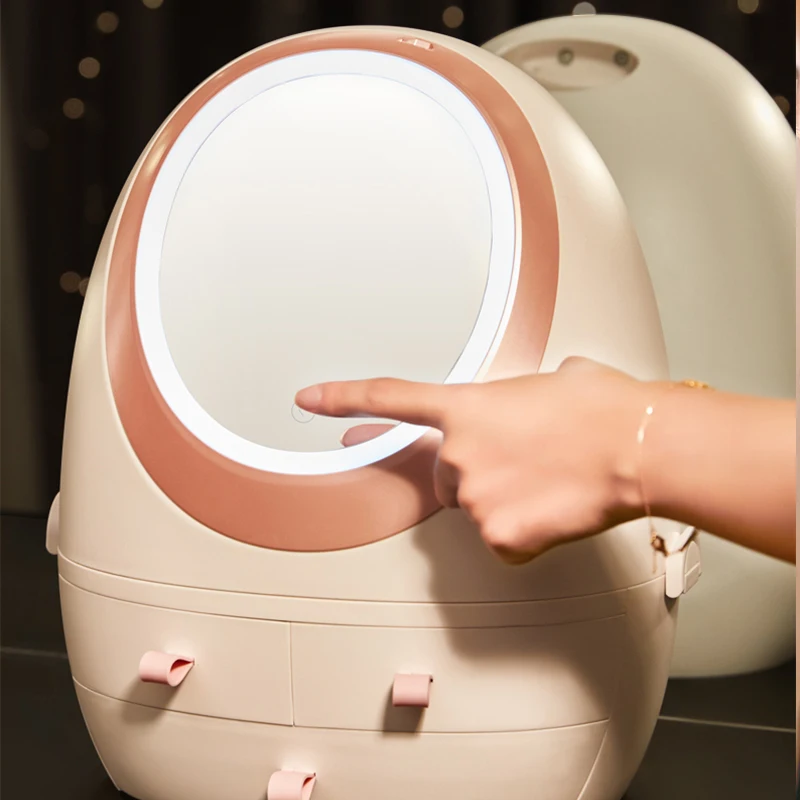 
Makeup Box With LED Light Mirror Drawer Type Portable Desktop Dust Net Red Cosmetic Storage Box 