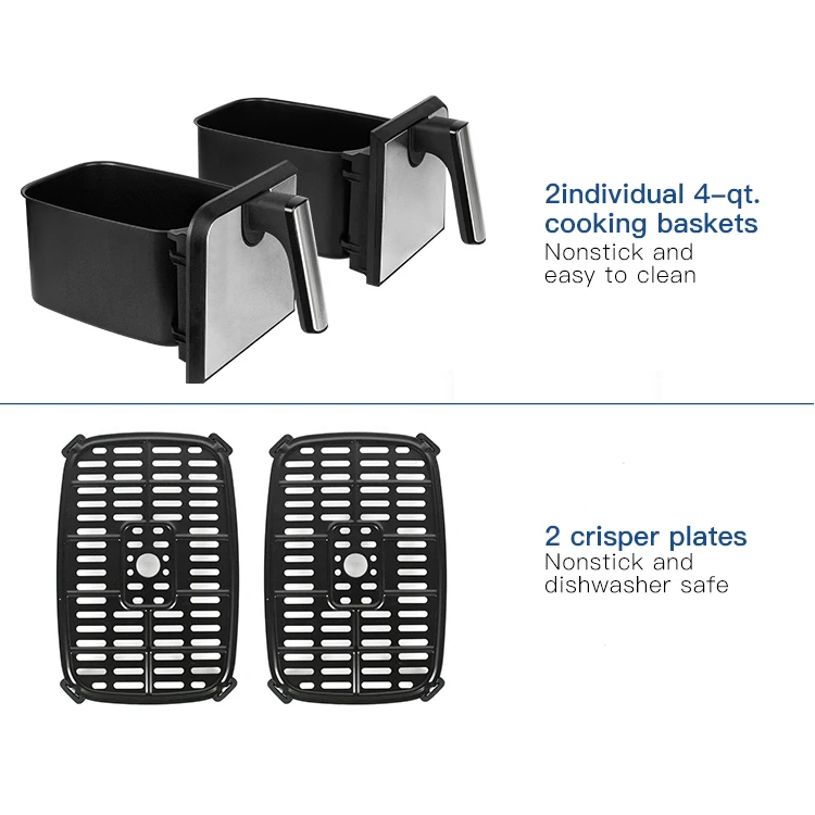 Dual Zone Electric Stainless Steel Air Fryer 8 Liter Cooker 2 Drawers Smart Double Air Fryer 8l Digital Dual Basket Air Fryer