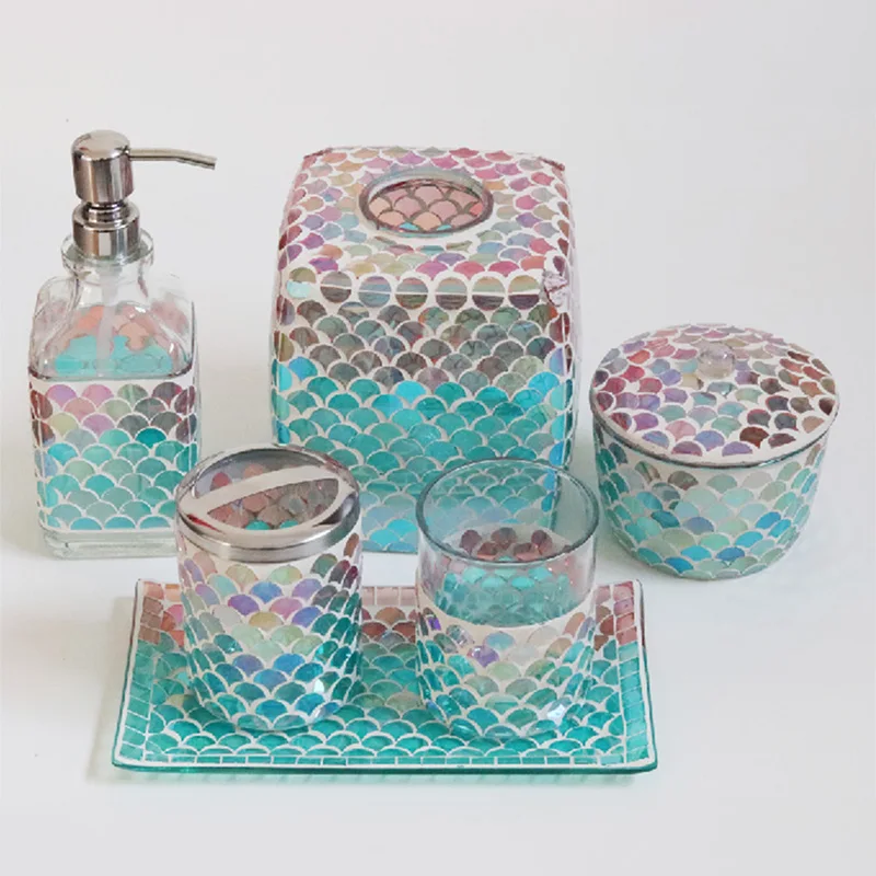 Luxury Mosaic Glass Soap Dispenser Smart Toothbrush Holder Cotton Holder Tumbler Tissue Box Soap Dishes Bathroom Accessories Set