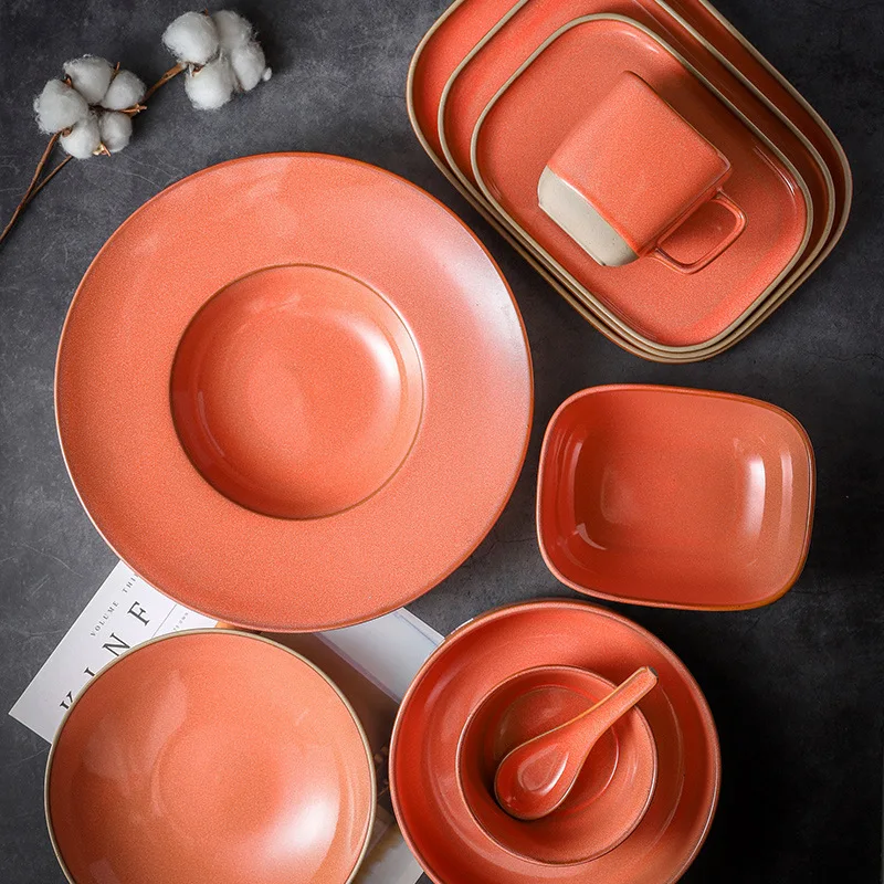 Restaurant Dinner Set Porcelain Crockery Handmade Pottery Platos Cup Stoneware Plate Bowl Durable Orange Color Ceramic Tableware