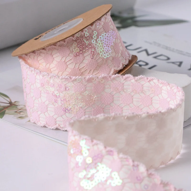 2023 new Korea style jacquard ribbon with small sequin for hair bows decoration new fashion embroidery sequin polyester ribbon
