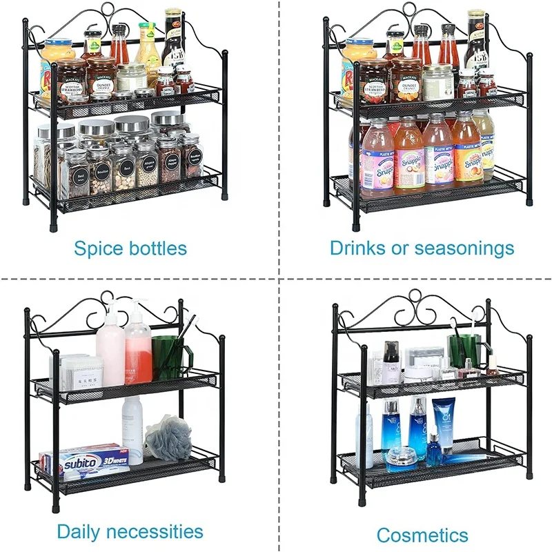 Столешница для специй стеллаж для хранения, ванная комната, 2 слоя стеллаж для хранения специй, кухонная столешница стеллаж для хранения, ванная комната, вертикальные приправа, черный