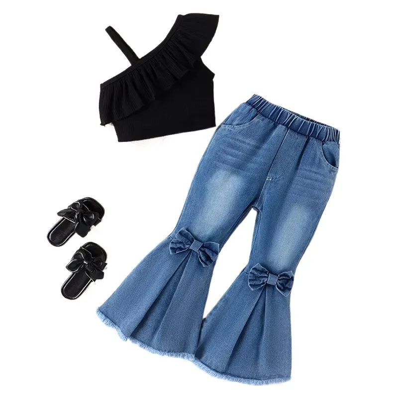 2024 New style summer baby girl sleeveless one shoulder tank top +flared jeans pants 2 piece outfit clothing set