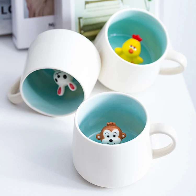 Cute Reusable Animal Decoration Inside Porcelain Cup With Handle Portable Food Grade Ceramic Animal Dog 3D Mug Cup For Drinking