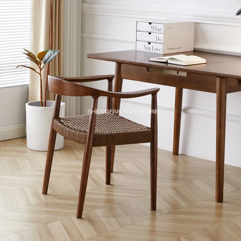 Wholesale Popular Japanese Solid Wood Rope Woven Paper Cord Dining Chair Living Room Arms Chairs With Cushions