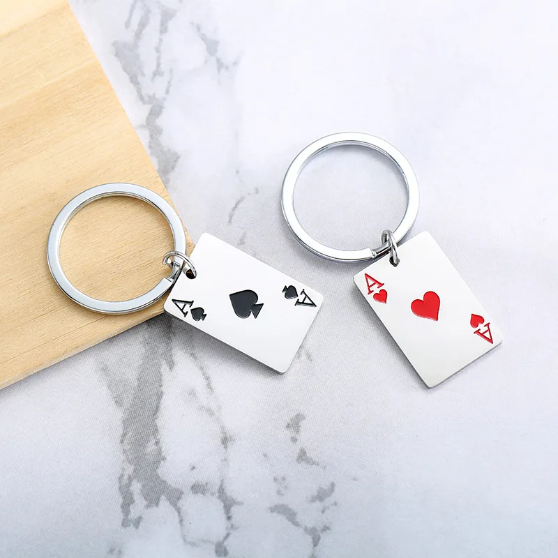 Wholesale Silver Plated Stainless Steel Square Poker Card Pendant Lucky Spades Heart Ace Keychain For Key Charms