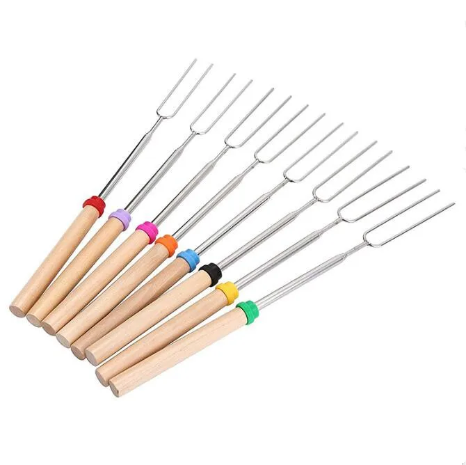 Roasting Sticks Extending Roaster Telescoping BBQ Tools u-shaped wooden handle Barbecue bar Stainless Steel barbecue fork