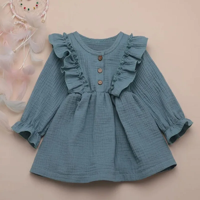 Conyson New Kids Girl Autumn Dress Ruffles Long Sleeve Solid Party Dresses For Girls Elegant Slim Waist Dress Girls Clothes Sets