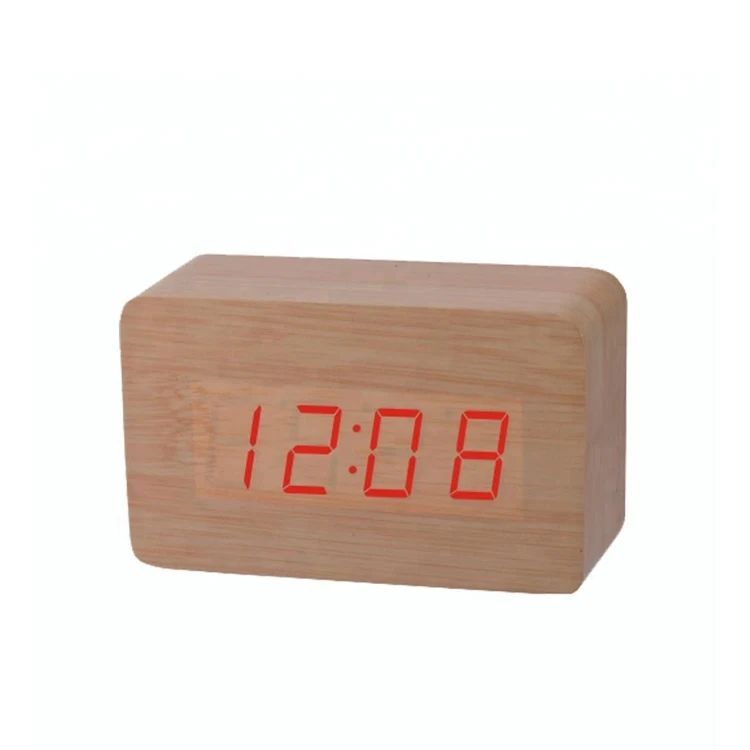 Voice control USB charge wood grain hand led digital alarm clock table wooden clock cube