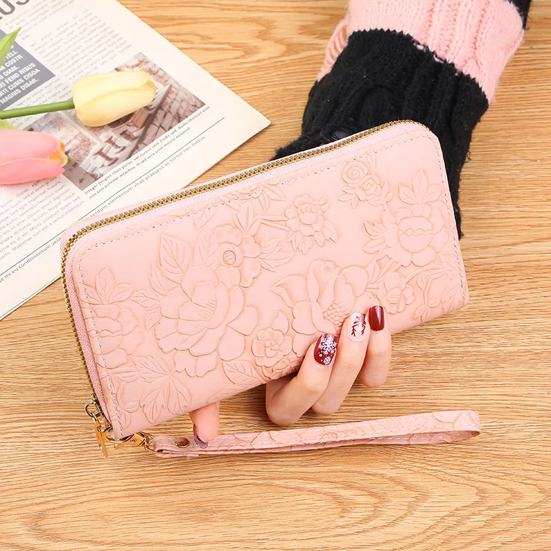 New Ladies Simple Wallet with Long Zipper Clutch Bag Cross-Border Embossed Mobile Phone and Banknote Clip Waterproof