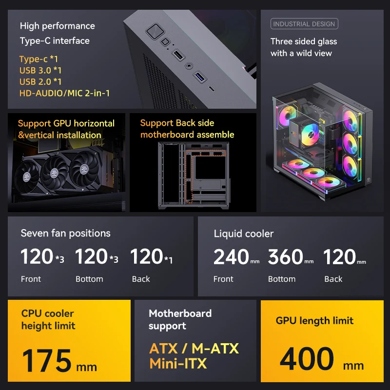SNOWMAN Hot Sales Gaming PC Case ATX Three Sided Glass PC Case Internal Hardware At A Glance Bottom Power Supply With Type-C