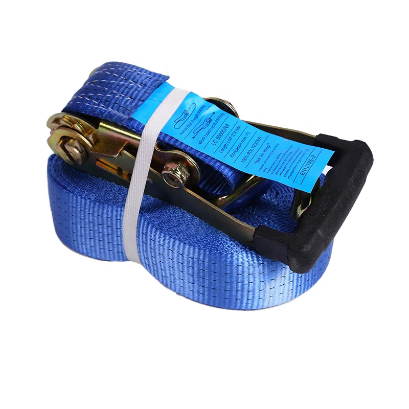 Customized 2INCH 10m Polyester Blue Ratchet Tie Downs Straps Cargo Lashing Belt with J Hook and Logo CE Certification