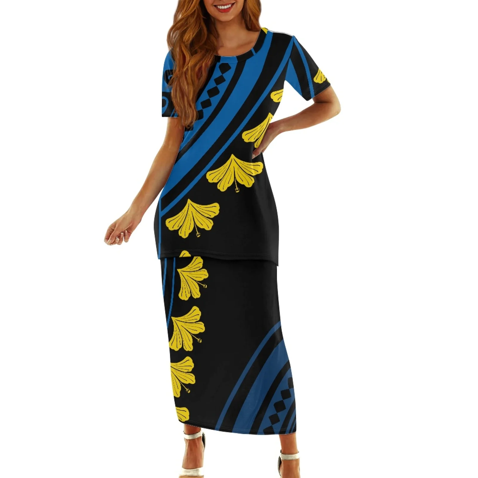 Cheap Price Hawaii Puletasi Pacific Island Design Polyester Two Piece Night Dresses for Women Plus Size Short Sleeve Party Dress