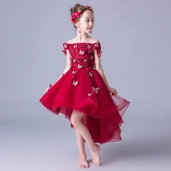Red lace ruffle butterfly design Princess high-low Wedding Dress Boat Neck Flower Girl Dress
