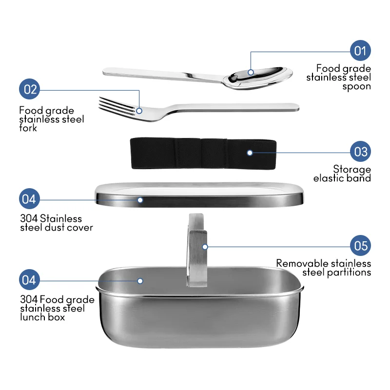 Factory Direct Sale Wholesale 304 Stainless Steel Leakproof Lunch Bento Box With Fork and Spoon