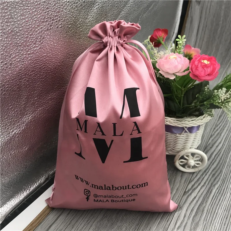 Custom printed rose gold satin hair bundles wigs packaging bags drawstring satin hair bags