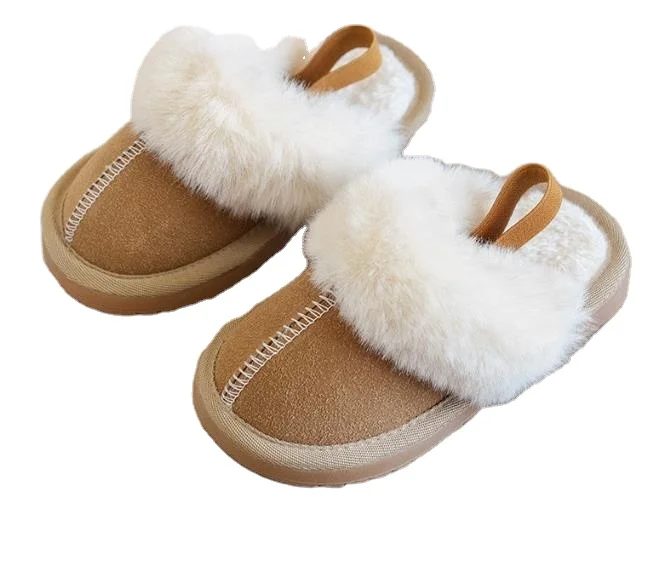 2024 new Winter flat slip on indoor furry slippers sequins fur cotton shoes children girls fuzzy plush house slippers