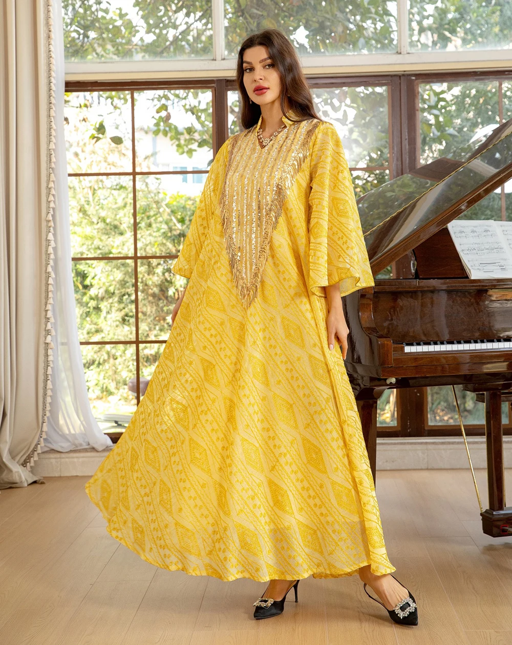 Islamic Muslim Evening Dress Arabian Dubai Mesh Embroidered Sequin Robe Jalabiya kaftan Dresses for women