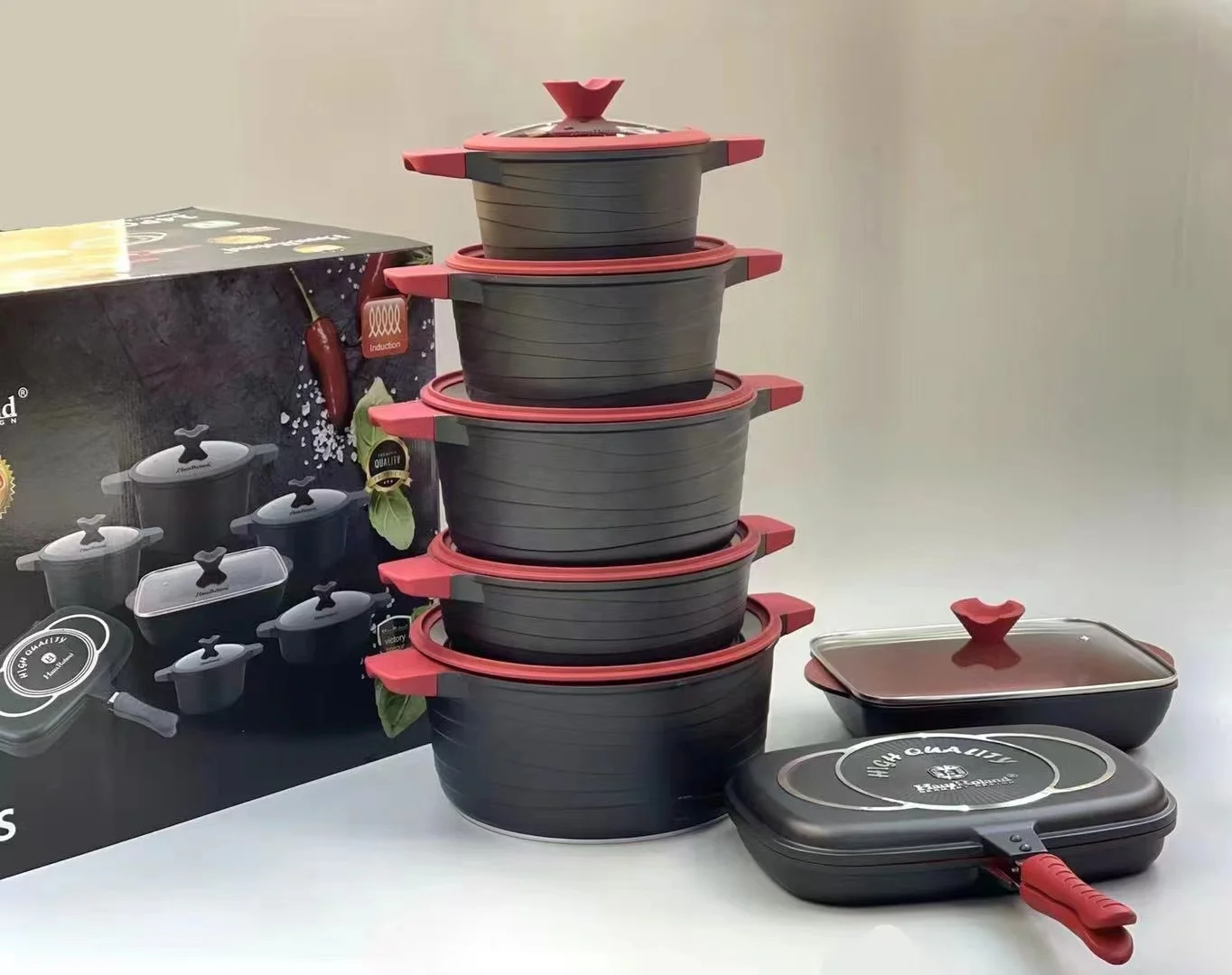 HausRoland 14 pcs Aluminium Die Casting Non stick Cookware Set Roasting Pans With Frying Pan