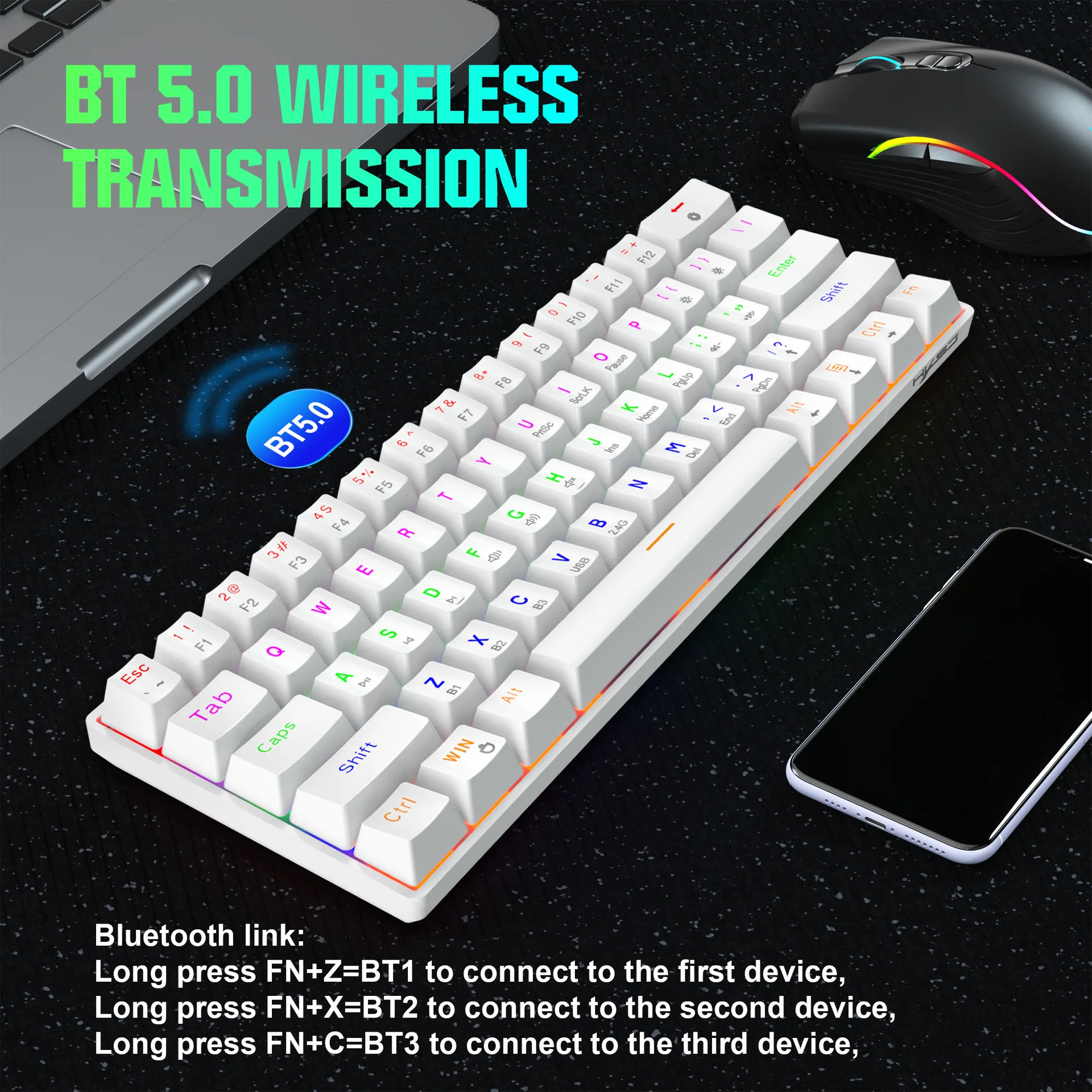 Mini BT 5.0 PC Keyboard 2.4G 3 mode Wireless keyboard Color LED backlit 61 key RGB Gaming 60% mechanical keyboard