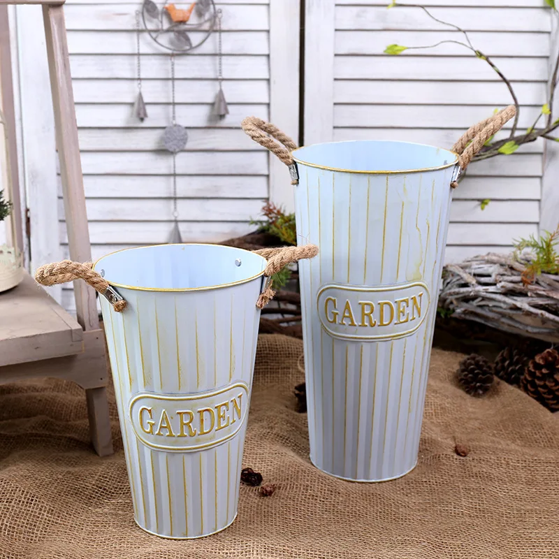 12 Inch Vintage Galvanized Flower Bucket Metal Flower Vase Farmhouse French Metal Bucket Planter Metal Floral