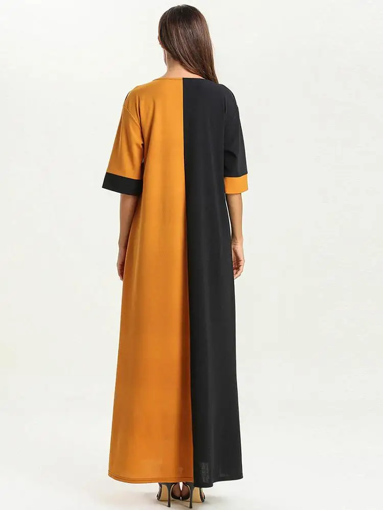 
Simple fashion long sleeve splicing new model abaya in dubai thin dress Muslim robe loose long Dresses 