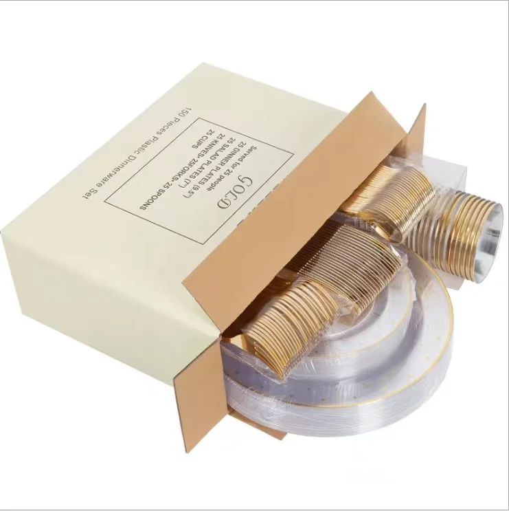 disposable plate gold/rose/silver hot stamp plastic dinnerware set 25 sets with marble