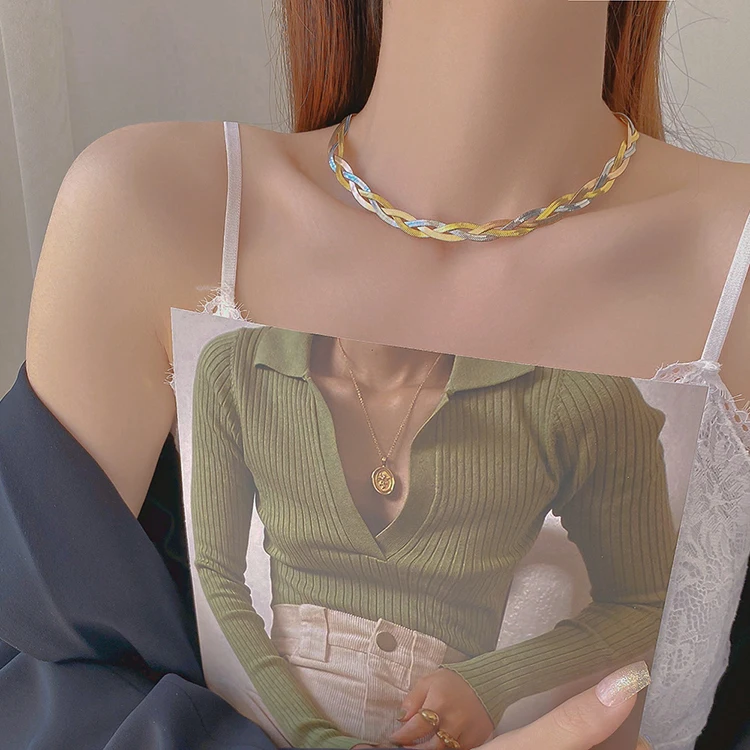 K093 New Fashion Three Strand Wisted Braided Choker 18K Gold Plated Stainless Steel Weave Flat Snake Chain Necklace Bracelet