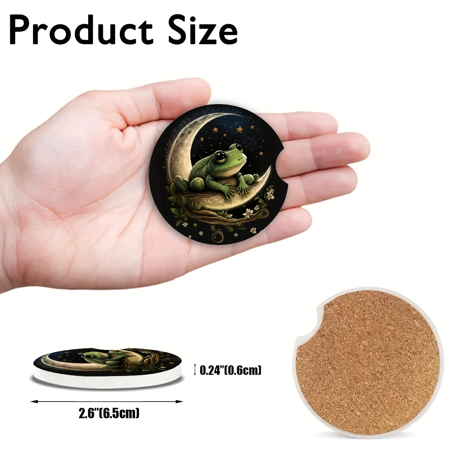2pcs Frog and Moon Ceramic Coasters with Cork Back Promotional Car Cup Holders Finger Slot for Clean and Dry Storage