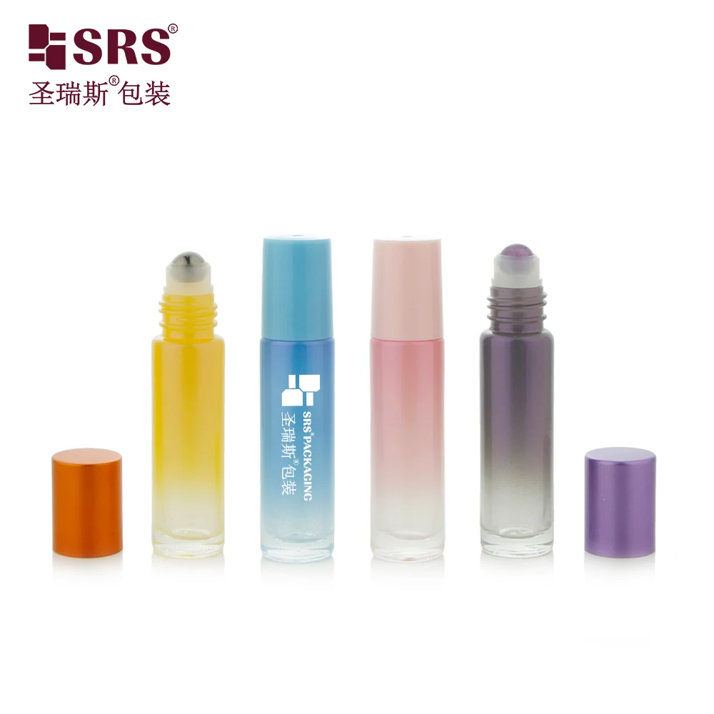 BLPM-10ML Empty Refillable Gradient Sky Blue Colored Glass Vial Roller Bottle with Steel Roller Bead Same Color Cap Set for Oil
