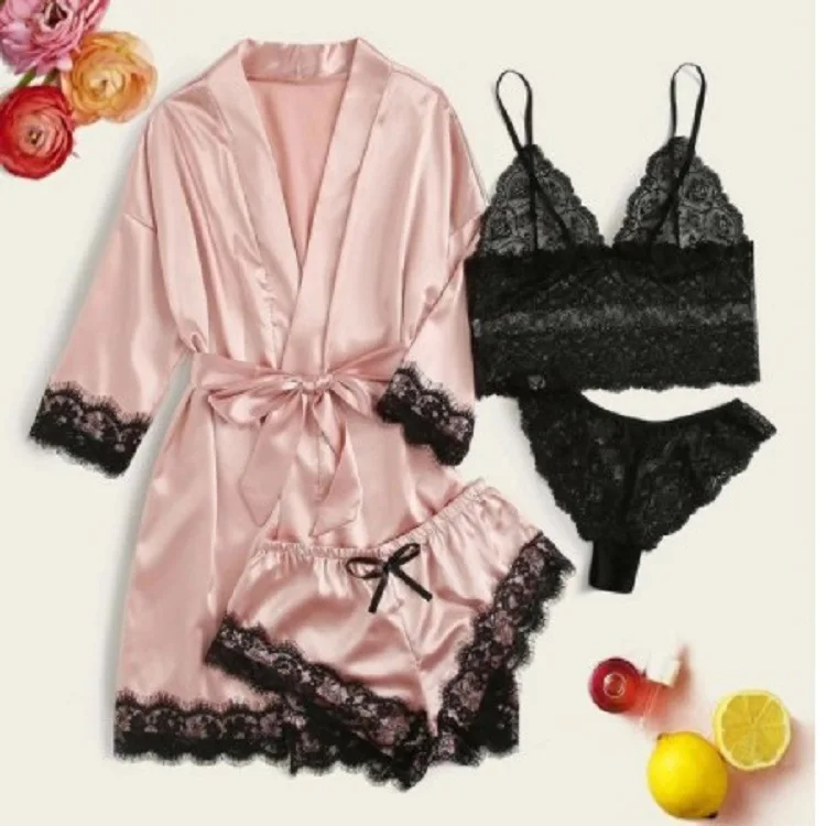 Wholesale Sexy Lingerie Robe Set Lace Night Gown Lingerie Silk Satin Plus Size Lingerie Robe