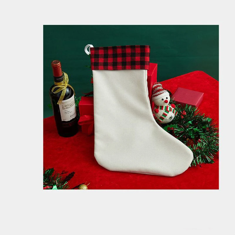 Custom Sublimation Blank Christmas Stock Linen Plaid Sublimation Christmas Stockings