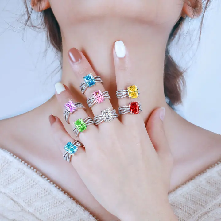 Custom Silver Dainty Stylish Fine Jewelry Ladies Rings Green Stone CZ Rhodium Plated Wedding Rings 925 Silver