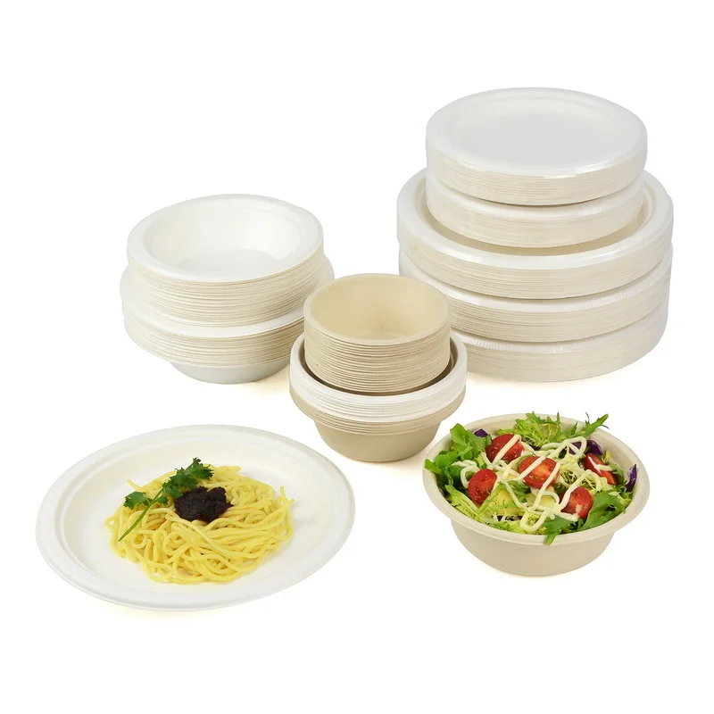3 compartment disposable biodegradable takeaway bagasse pulp paper party dinner cake food wedding dishes plates set for birthday