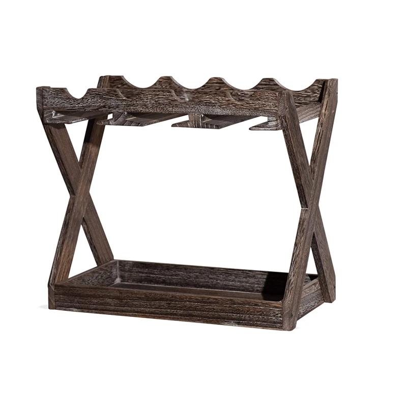 Rustic 6 Glass Display Rack Bottled Wooden Wine Racks With Storage Tray Table Top 4 Bottle Holder Free Standing Floor