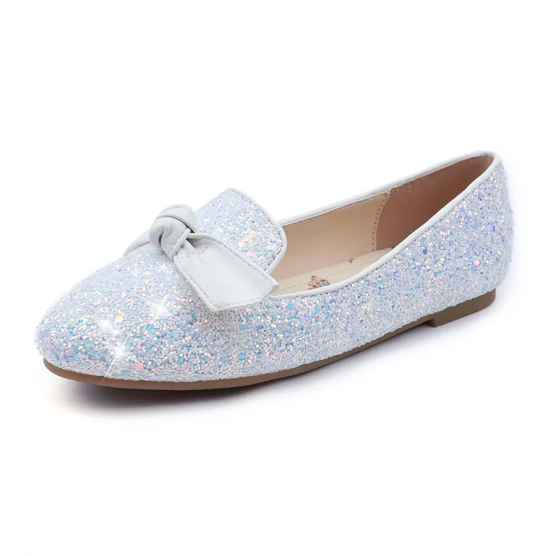 Factory wholesale girl crystal princess bowtie single shoe flat sequined girl party casual shoes