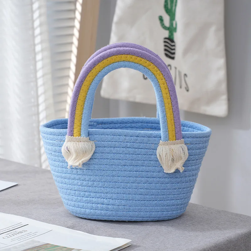 Adorable practical small cotton rope basket bag with a rainbow handle Perfect for your essentials Handcrafted with love Colorful
