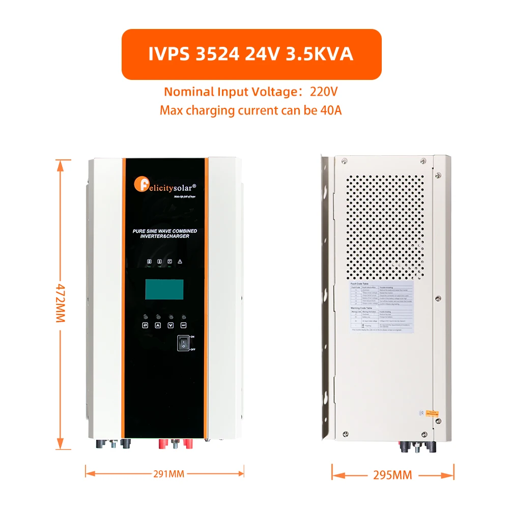 IVPS 3524 low voltage inverter Felicitysolar 24V 3500VA off grid solar inverters pure sine wave  with overload protection