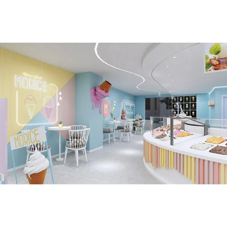 Blue Nice Ice Cream Store Design Ice Cream Display Showcase Ice Cream Cart Kiosk Customized Indoor Yogurt Snack Shop
