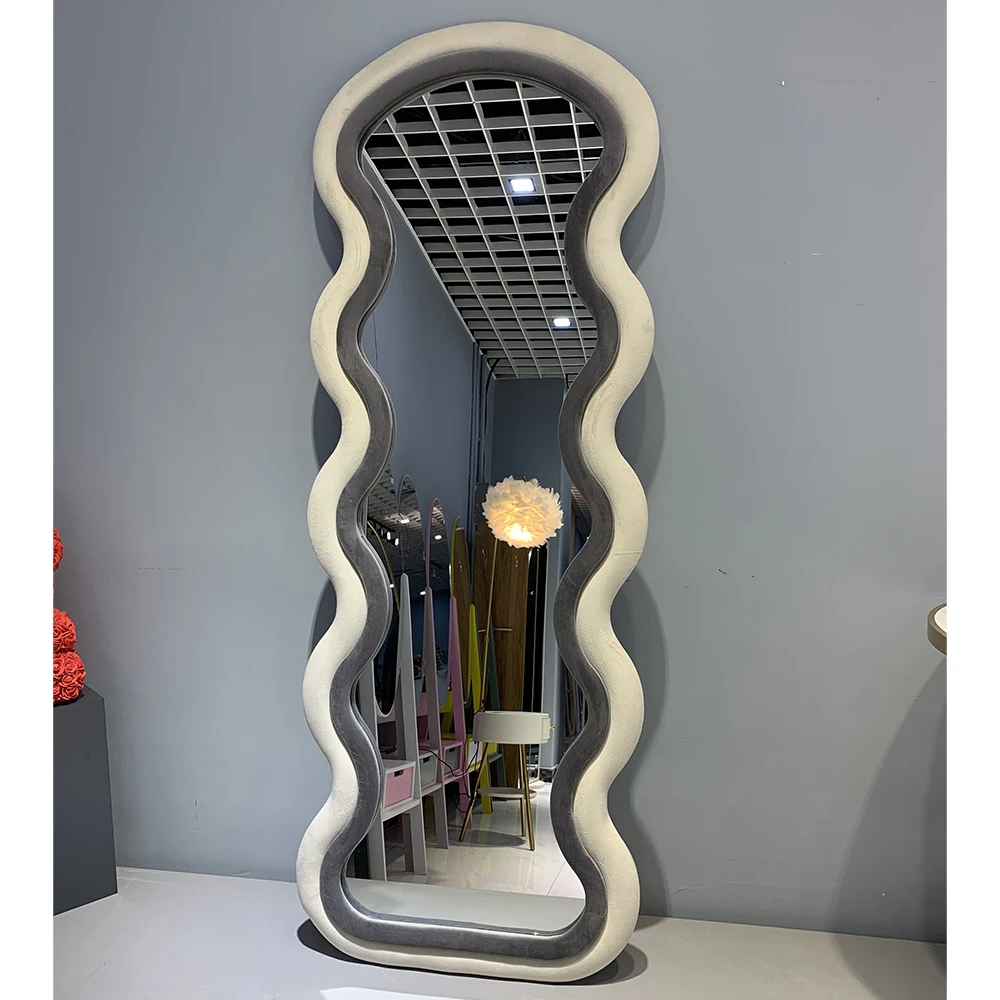 Hot Sale Arched Full Length Wooden Asymmetrical Mirror Frame Long Wavy Floor Standing Wall Leaner Mirror