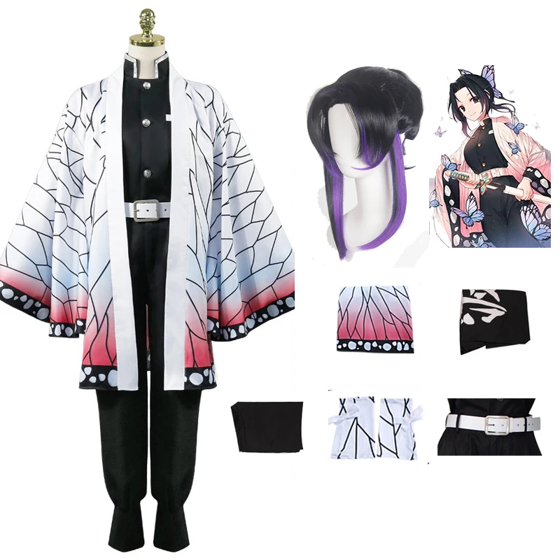 Anime Demon Slayer Kimetsu No Yaiba Kochou Shinobu Cosplay Costume Women Kimono Uniform Halloween Christmas Party Costume Wig