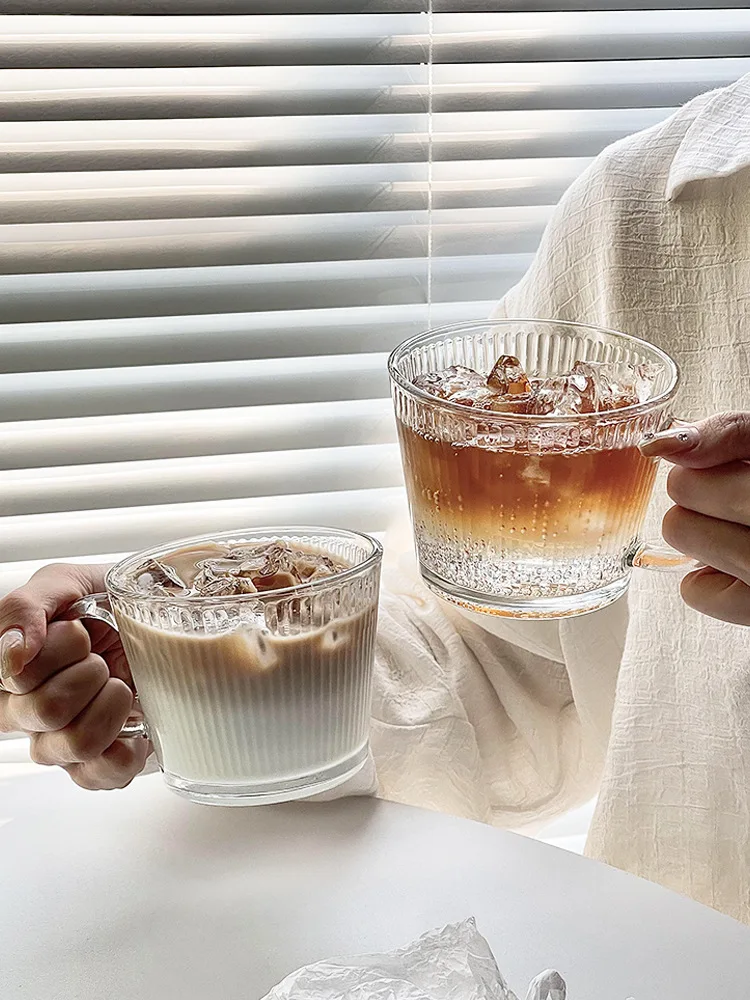 Ins Style Home Milk Latte Cup Vertical Pattern Heat Resistant Cup Transparent Glass Coffee Mug Cup With Handle For Breakfast