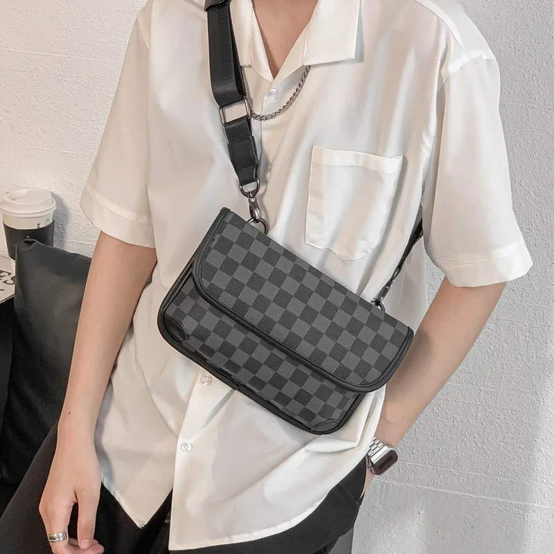 luxury fashion plaid man crossbody phone bag with removable shoulder strap leather sling bags men