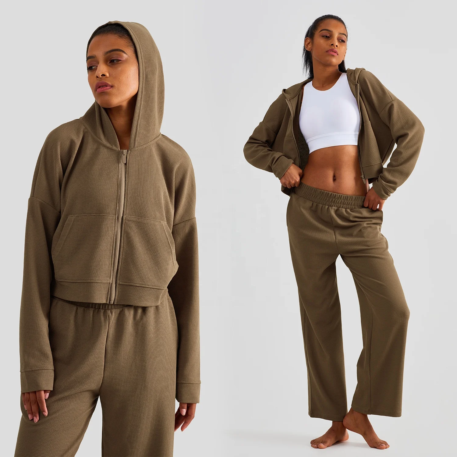 2 Pieces Waffle Pattern Side Pockets Hooded Jackets Women Adjustable Loose Pants Set