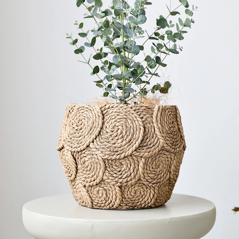 Retro Style Bamboo Weaving Garden Outdoor Decor Cement Bonsai Flowerpot Concrete Flower Pot with Drainage Hole