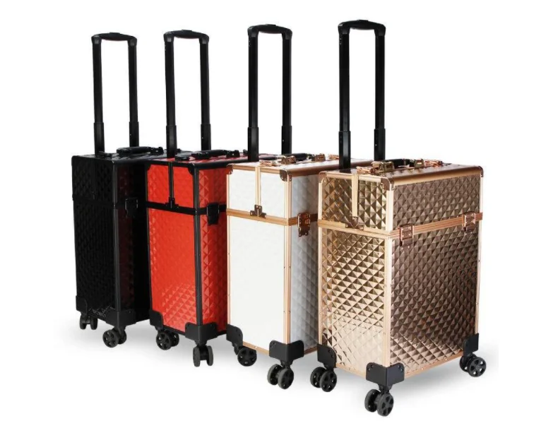 Gold Professional Rolling Wheel Trolley Makeup Case Trolley Cosmetic Case Aluminum Alloy Mute Universal Makeup Case With Wheel